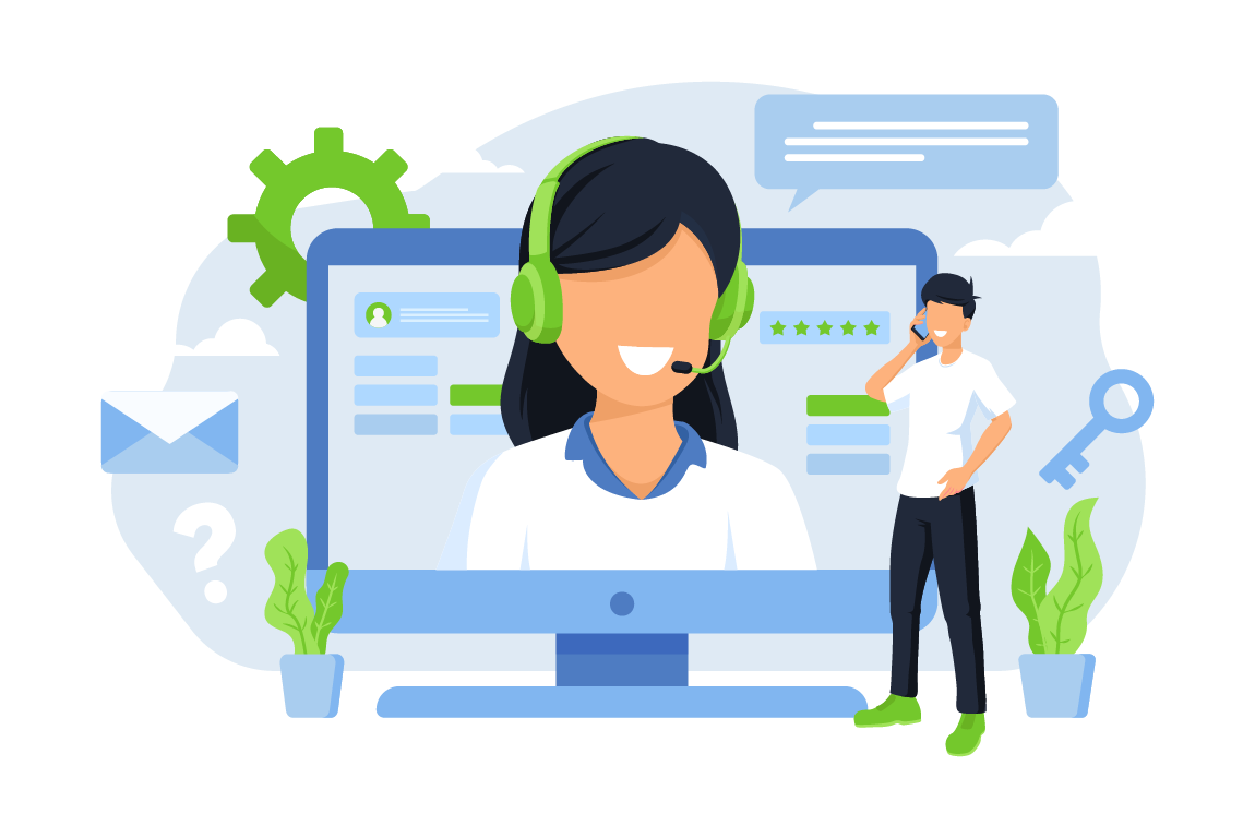 Illustration of a customer success representative with a headset on a video call