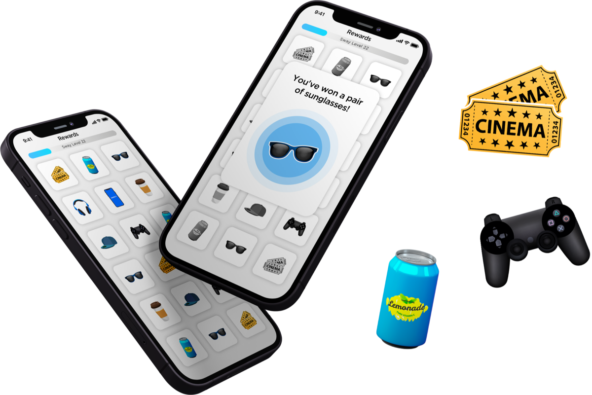 Shareity rewards screens on two phones, with prizes like cinema tickets and a game controller