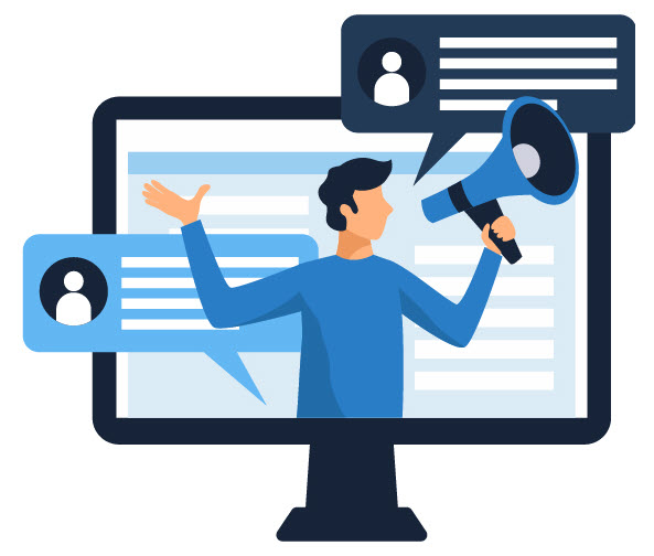 Illustration of a person with a megaphone coming out of a computer screen, surrounded by message bubbles